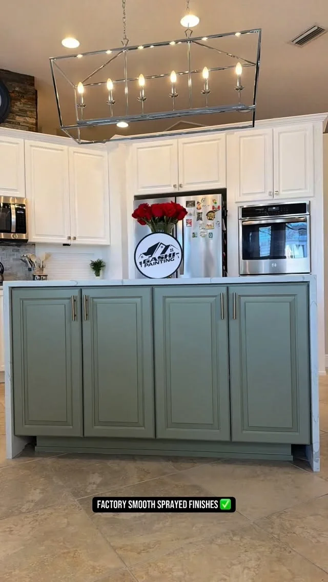 Kitchen with sage-green refinished island cabinets